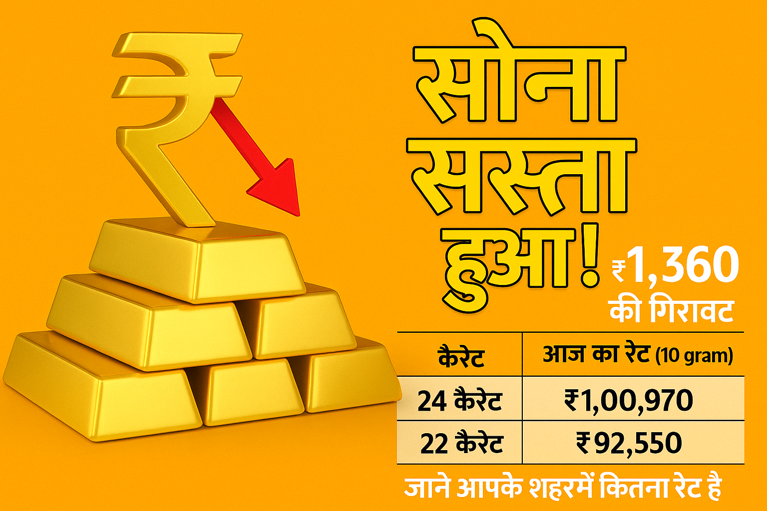 सोना सस्ता हुआ ₹1,360 | जानिए आपके शहर में कितना है आज का रेट
